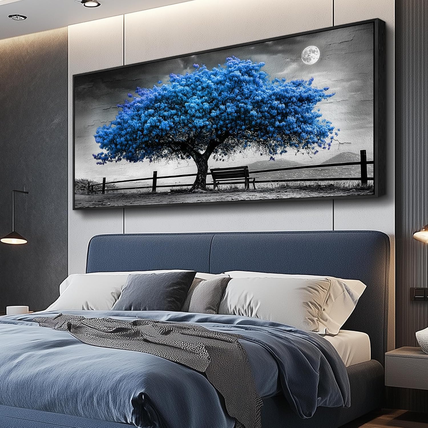 FUHAIHUA Canvas Wall Art For Living Room Large Wall Decor For Office Bedroom Decorations Black And White Landscape Pictures Blue Tree Painting Artwork Room Wall Mural Aesthetic Home Decor 32x72 In