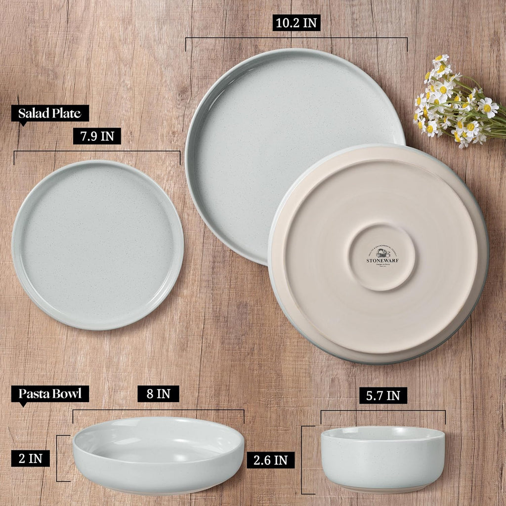 HaWare 24-Piece Plates and Bowls Set for 6, Stoneware Dinnerware Sets with Pasta Bowl, Dishes Set for Home Restaurant, Speckled Misty Grey