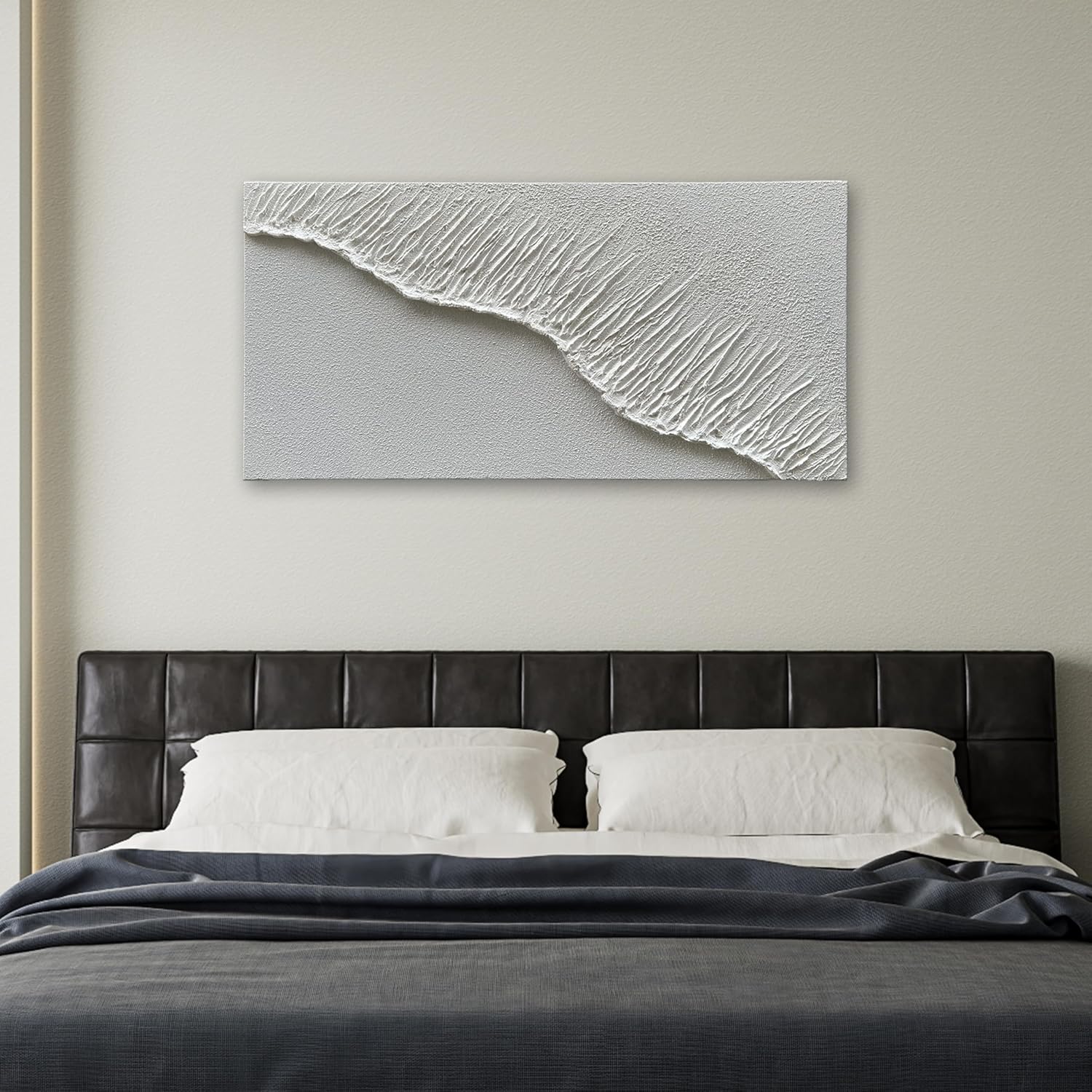 NANKAI Art Hand-Painted White Wave Texture Abstract Art Contemporary Minimalist Canvas Oil Painting, Home Living Room Corridor Wall Decoration Art, 24x48 inches