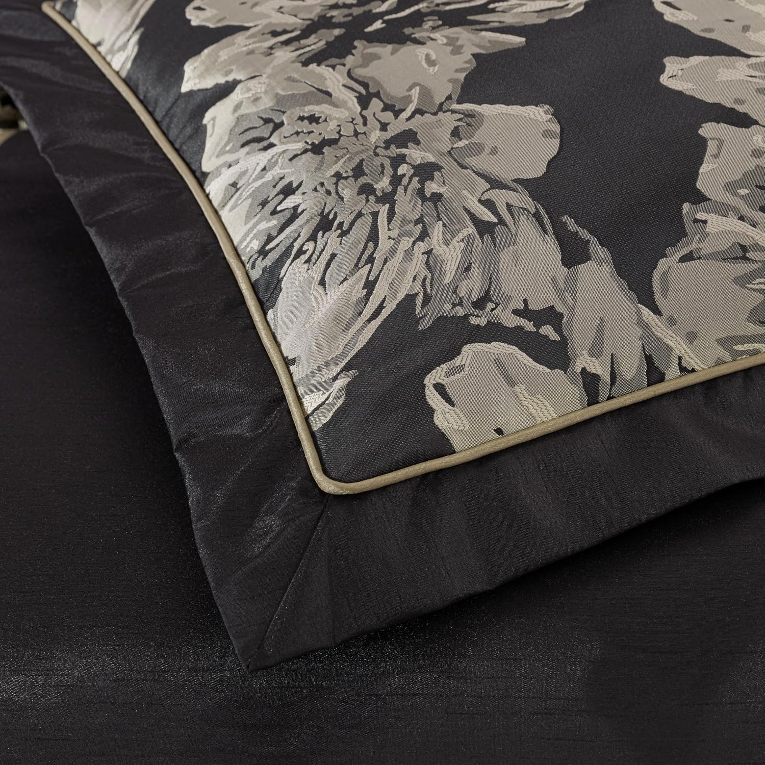 Chezmoi Collection Cameron Comforter Set Oversized King Size, 7-Piece Black Gold Hibiscus Floral Jacquard Bedding Set