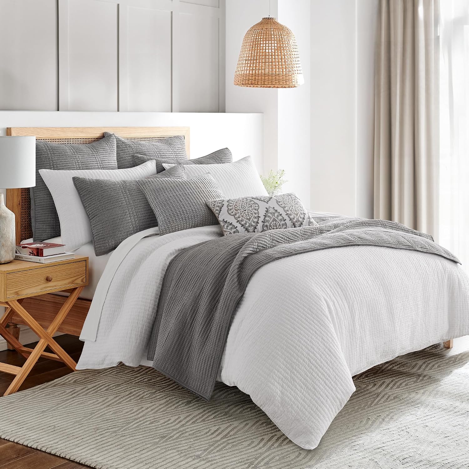 Levtex Home Cloud Waffle Full/Queen Quilt Set (88x92in) and 2 Pillow Shams (26x20in) - Box Quilted Waffle Cotton Texture - Grey - Cotton Full/Queen Size Quilt Bedding Set - Lightweight Soft Pre-Washed