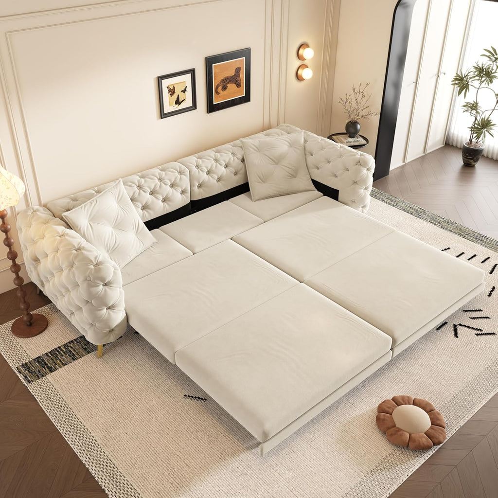 WILLIAMSPACE 97.7' 3-in-1 Convertible Sleeper Sofa Bed, Modern Button Tufted 28.4' Deep Seat Pull Out Couch Bed with Movable Ottoman, Multi-Functional 4-Seater Couch for Living Room, Velvet - Beige