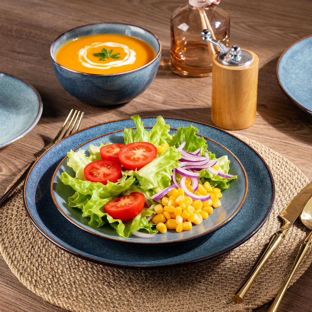 AmorArc Ceramic Dinnerware Sets for 8, 24 Pieces Handpainted Plates and Bowls Set, Scratch Resistant Stoneware Dishes Set, Dishwasher & Microwave Safe, Ceylon Blue