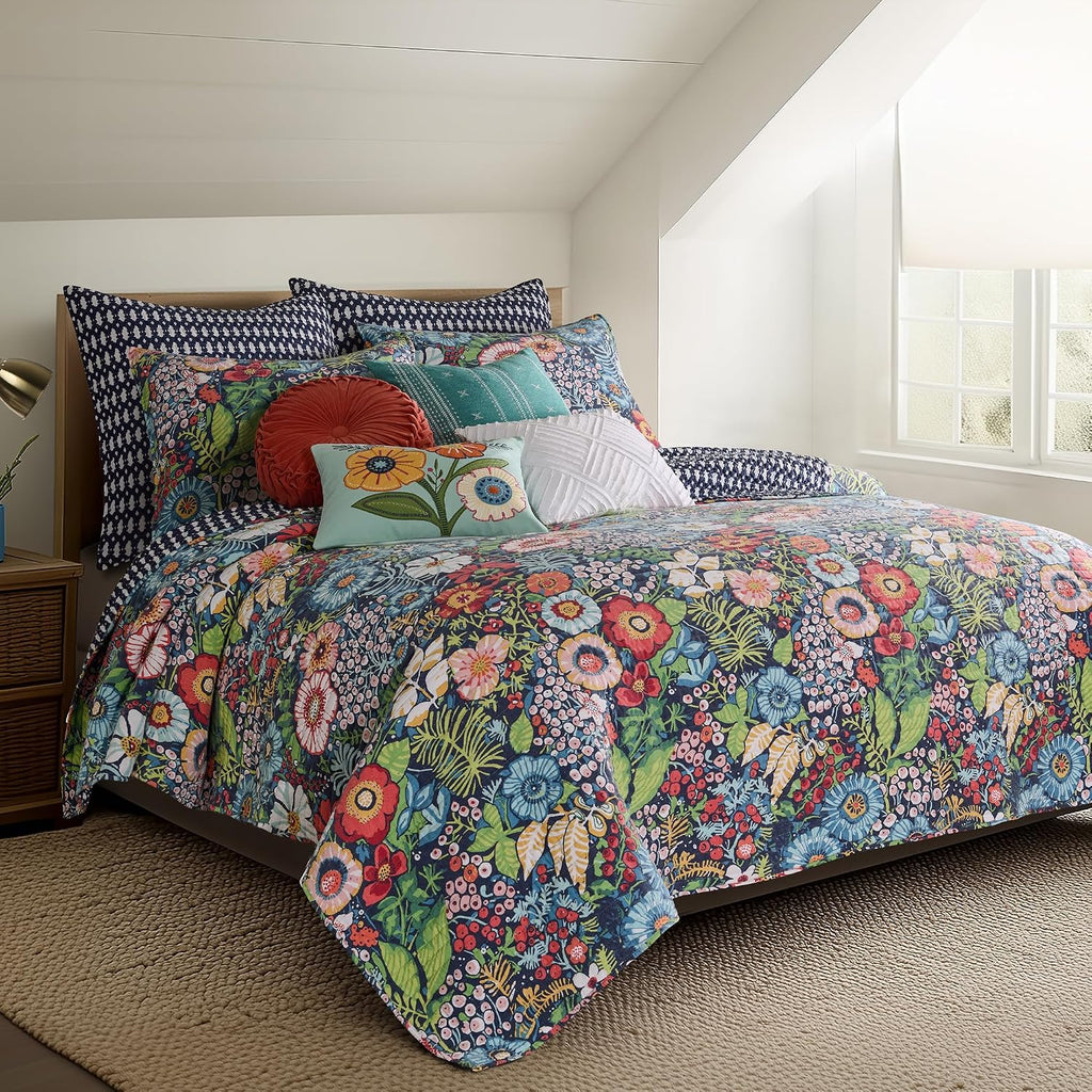 Levtex Home - Night Garden Quilt Set - Twin Quilt and One Standard Sham - Bold Floral - Navy Red Pink Green Ochre White - Quilt (68x86in.) and Sham (20x26in.) - Reversible - Rayon/Cotton
