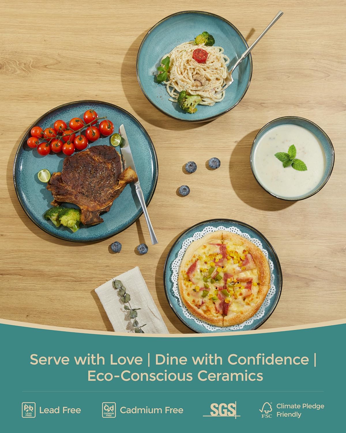 Pokini 32 Piece Dinnerware Set for 8 with Pasta Bowls, Green Black Reactive Glaze Stoneware | All‑in‑One Host Set for Entertaining, Holiday Meals, Multi‑Course Dinners | Unique Irregular Coastal Look