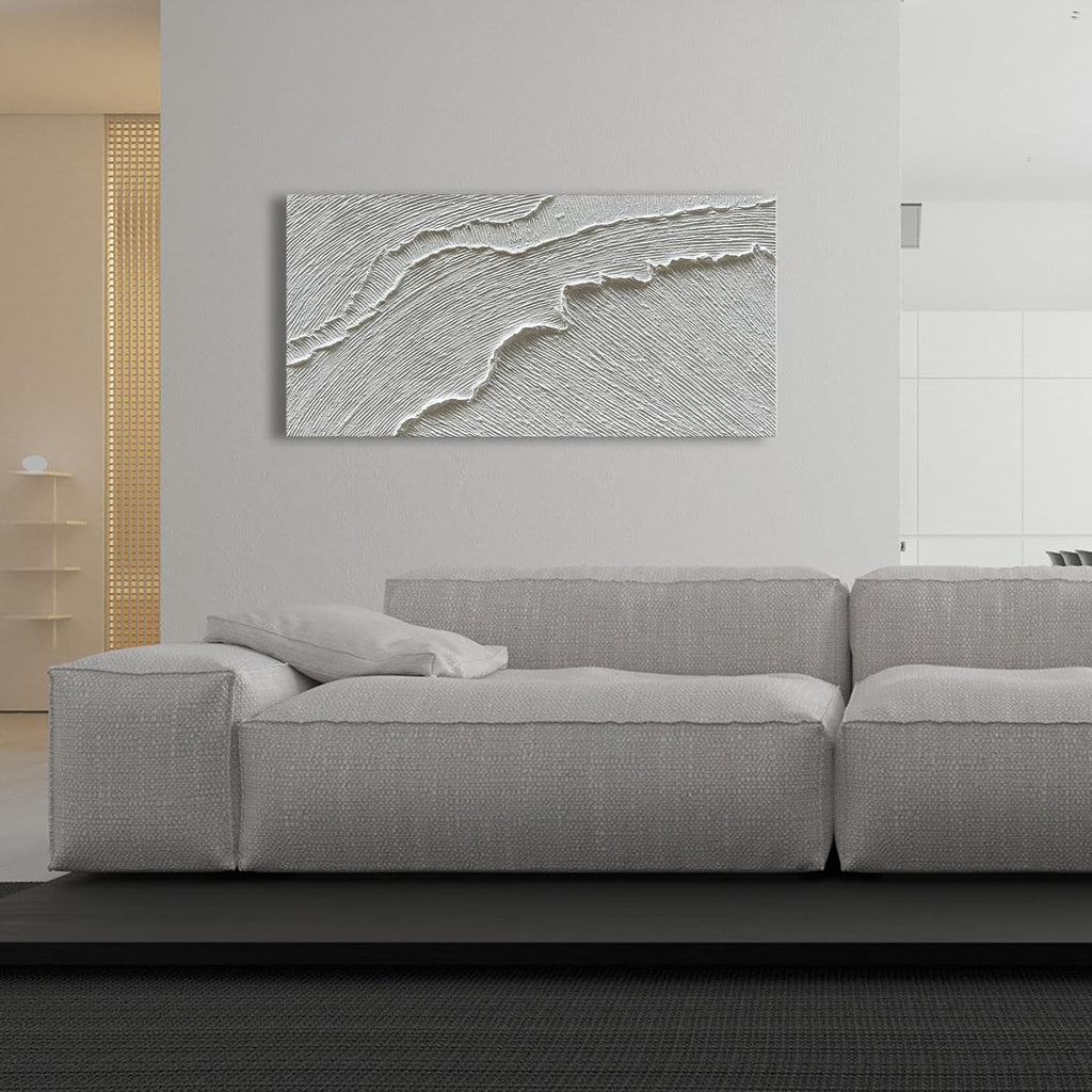 NANKAI Art A thickly Textured White Abstract Oil Painting Depicting a Beach Wave Landscape. Artwork Suitable for Decorating The Interior Wall as a Decorative Piece 24x48 inches