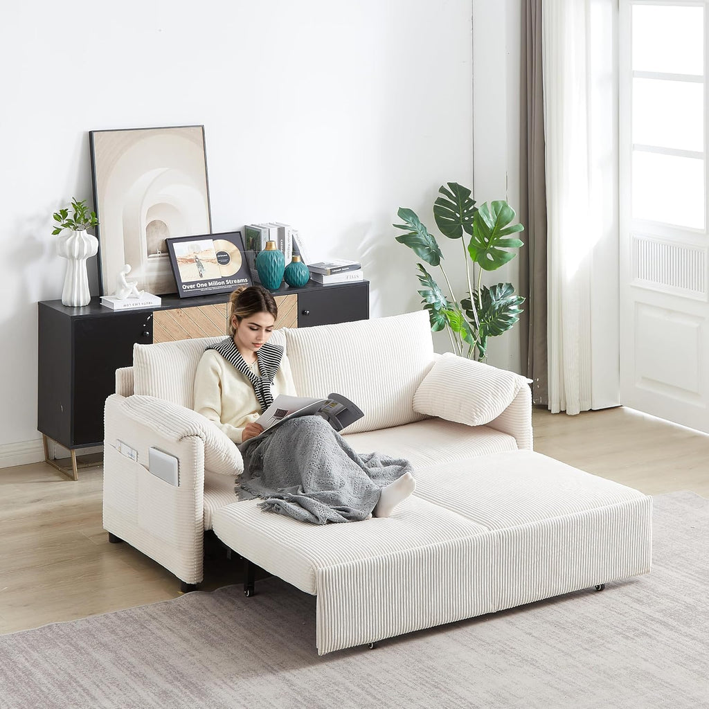 WILLIAMSPACE 64.5' Pull Out Sofa Bed, 3-in-1 Adjustable Sleeper Sofa Couch with Side Storage, Convertible Loveseat Sofa Bed Pull Out Couch for Living Room, Apartment, Corduroy, Beige