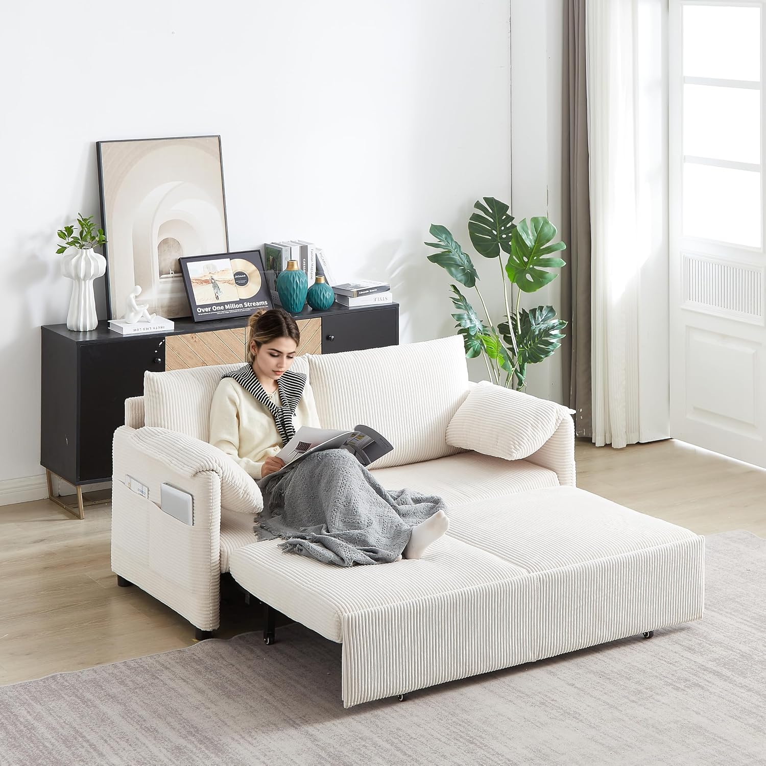 WILLIAMSPACE 64.5' Pull Out Sofa Bed, 3-in-1 Adjustable Sleeper Sofa Couch with Side Storage, Convertible Loveseat Sofa Bed Pull Out Couch for Living Room, Apartment, Corduroy, Beige