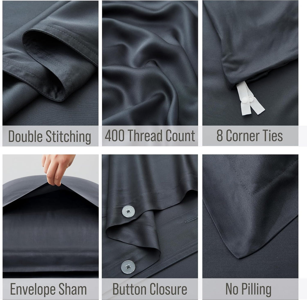 Bella Coterie Luxury Bamboo Viscose Queen Size Duvet Cover Set | 100% Organically Grown | Corner Ties | Ultra Soft | Cooling | Two Pillow Shams | 90 x 94 | No Insert [Charcoal Grey]
