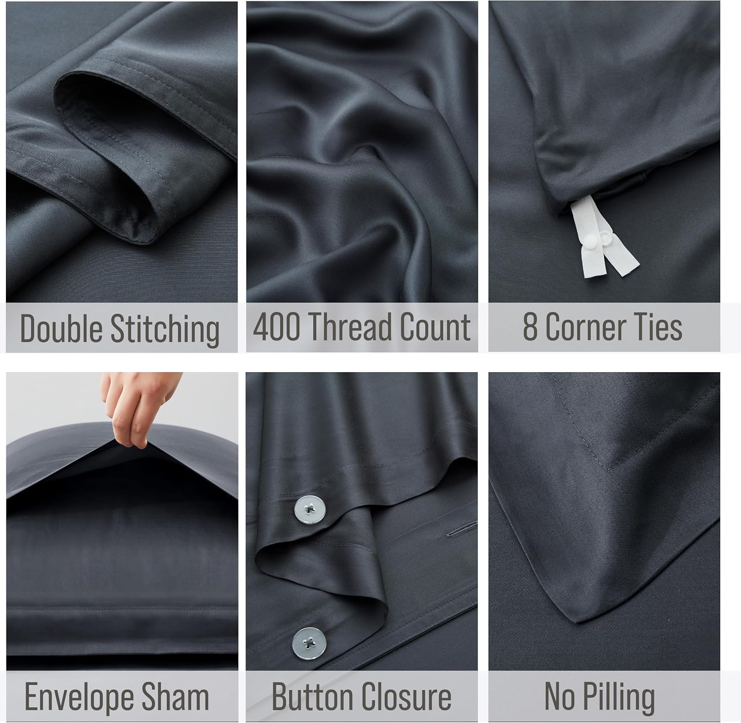 Bella Coterie Luxury Bamboo Viscose Queen Size Duvet Cover Set | 100% Organically Grown | Corner Ties | Ultra Soft | Cooling | Two Pillow Shams | 90 x 94 | No Insert [Charcoal Grey]