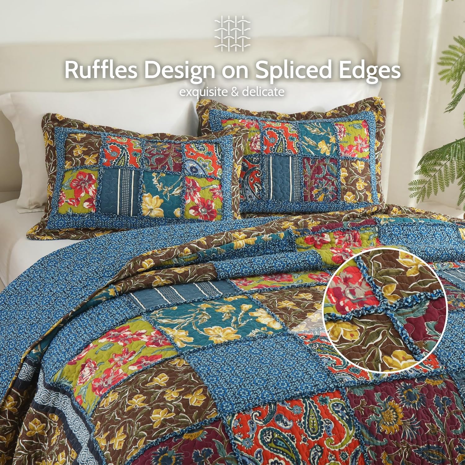 Yvooxny King Quilt Set Reversible Paisley King Size Quilted Bedspread Coverlet Set Country Farmhouse Cottage Quilted Bedding Set with Pillowcases for All Seasons, King Size, 108 * 96 Inches