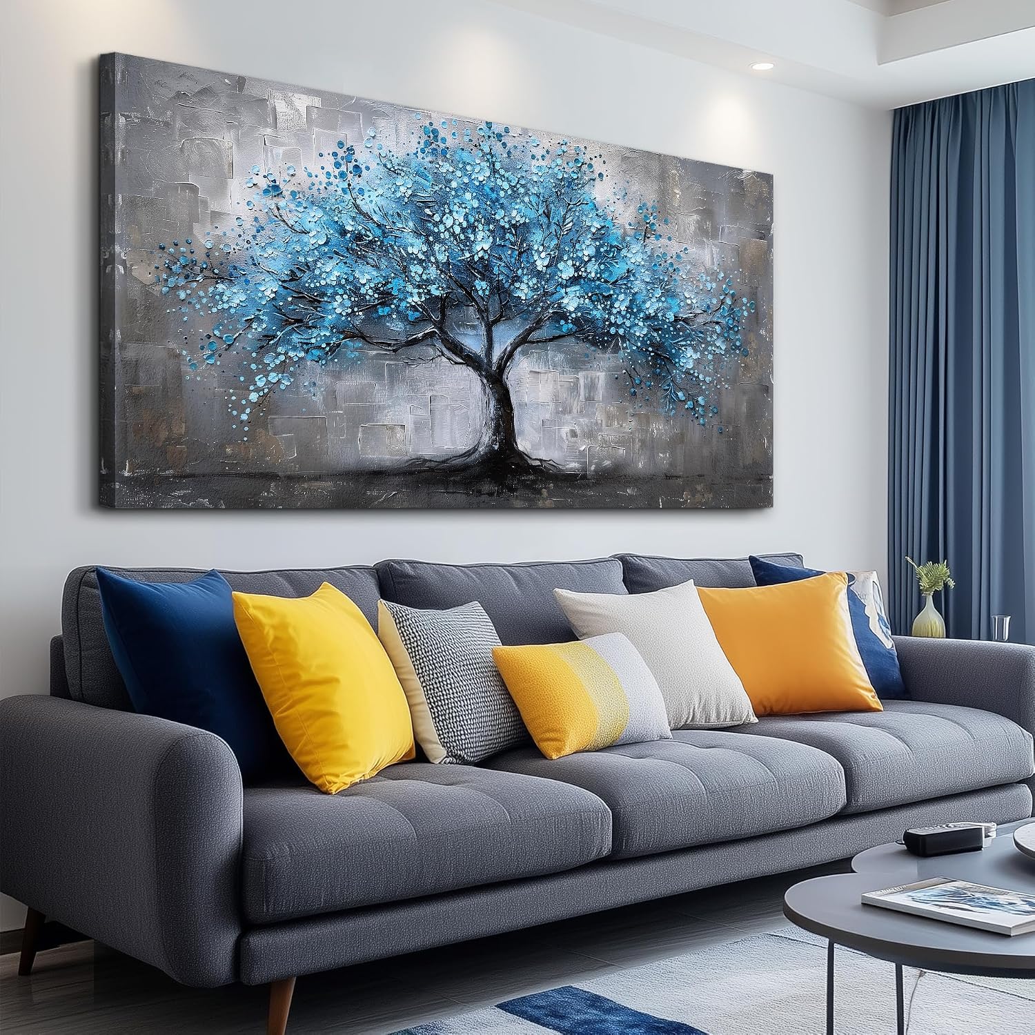 FUHAIHUA Canvas Wall Art For Living Room Large Wall Decor For Office Bedroom Decortions Black And White Pictures Blue Trees Wall Paintings Framed Mural Aesthetic Home Decor Posters Artwork 30x60 In