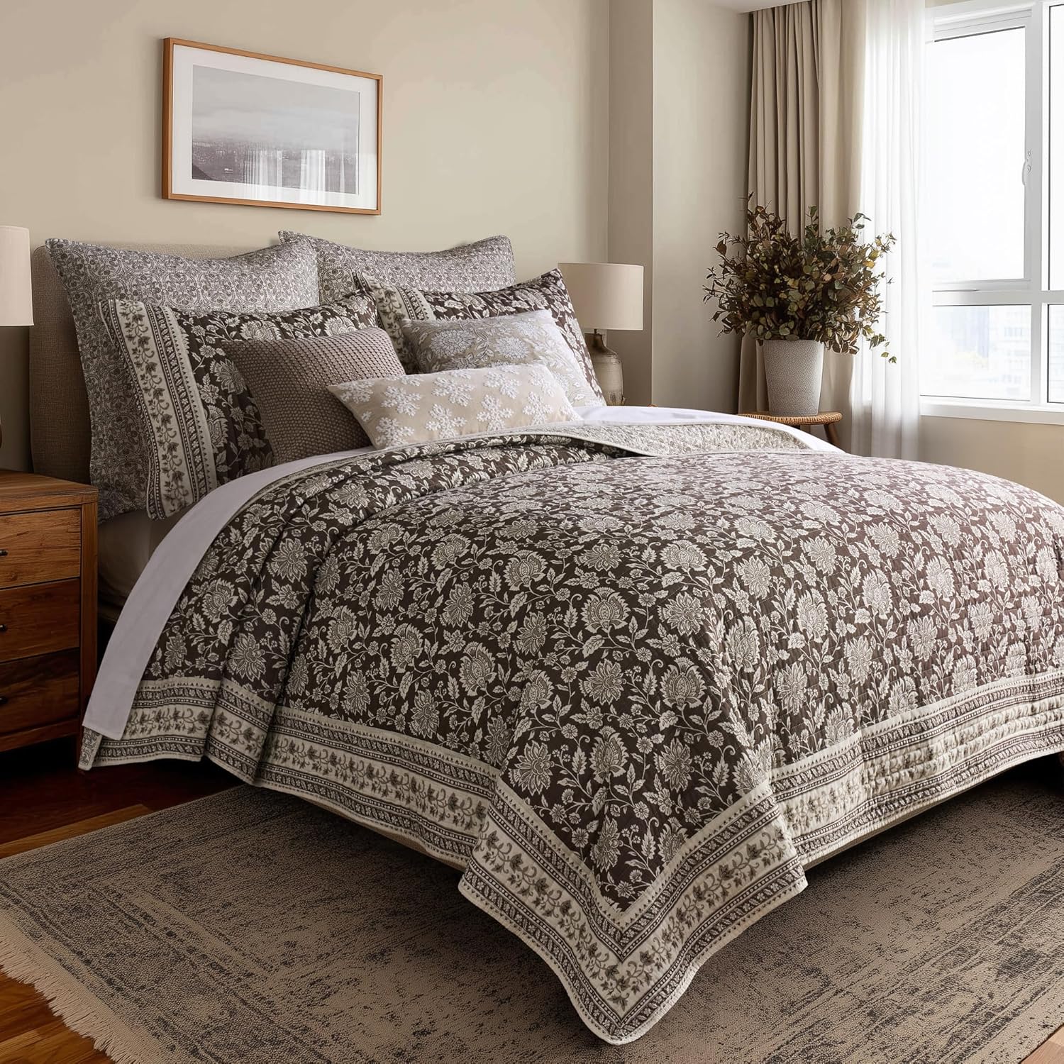 Levtex Home Adare Cocoa Reversible Full/Queen Quilt Set (88x92in) and 2 Pillow Shams (26x20in) - Floral Bedding - Brown Cream - Cotton Full/Queen Size Quilt Bedding Set - Lightweight, Soft, Pre-Washed