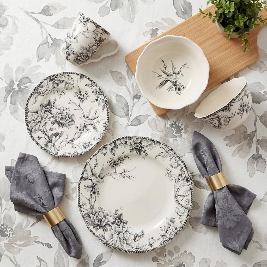 222 Fifth Adelaide 16-Piece Casual Grey Porcelain Dinnerware Set – Service for 4, Classic Toile Bird & Floral Design, Microwave & Dishwasher Safe, for Everyday Dining & Entertainment