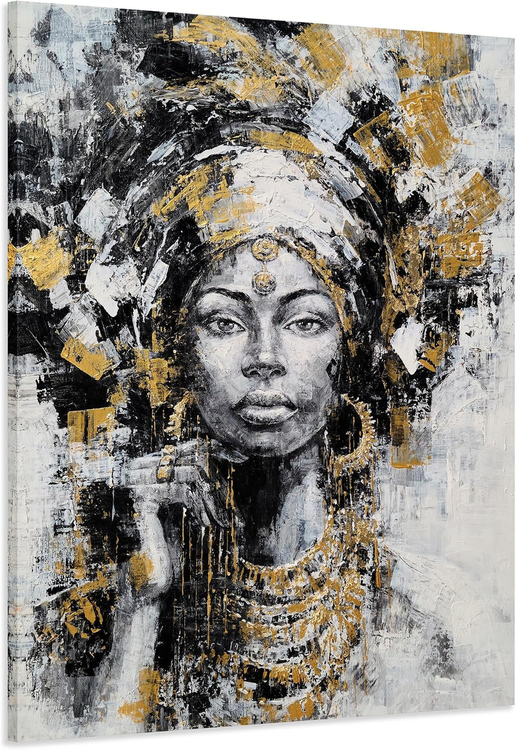 Yihui Arts Black Woman Painting with Gold Foil - Hand Painted African American Canvas Wall Art for Living Room, Bedroom, and Hallway Decor
