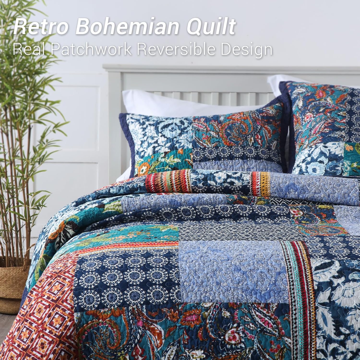 Yvooxny King Quilt Set Reversible Lightweight Bohemian Paisley Patchwork Cotton Quilted Bedspread Coverlet Set 3-Piece Bedding Set with Pillowcases for All Seasons, King Size, 108 * 96 Inches