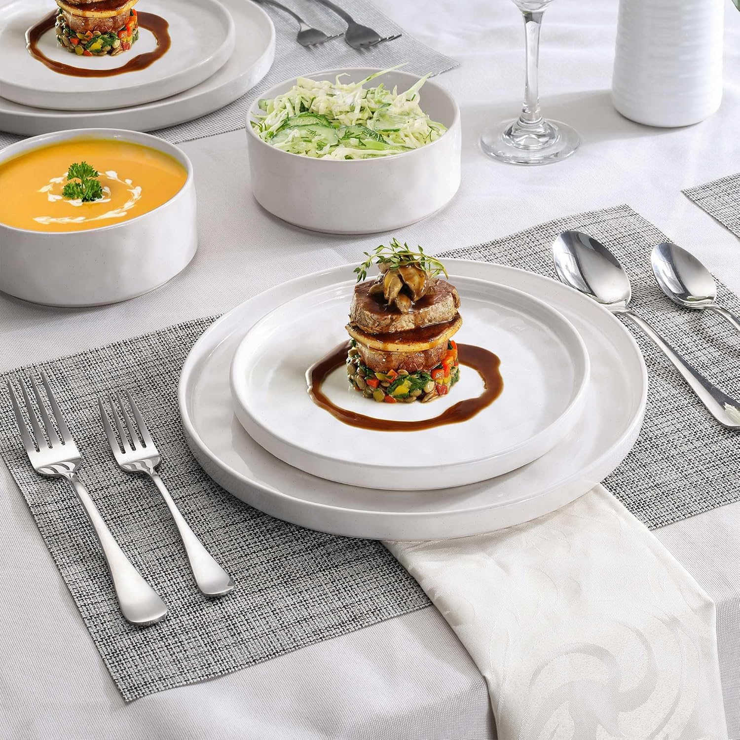 LIANYU 24 Piece Dinnerware Sets for 8, Stoneware Plates and Bowls Dish Set, Kitchen Dinner Ware Speckled Dining Dishware, Microwave & Dishwasher Safe, Polar White