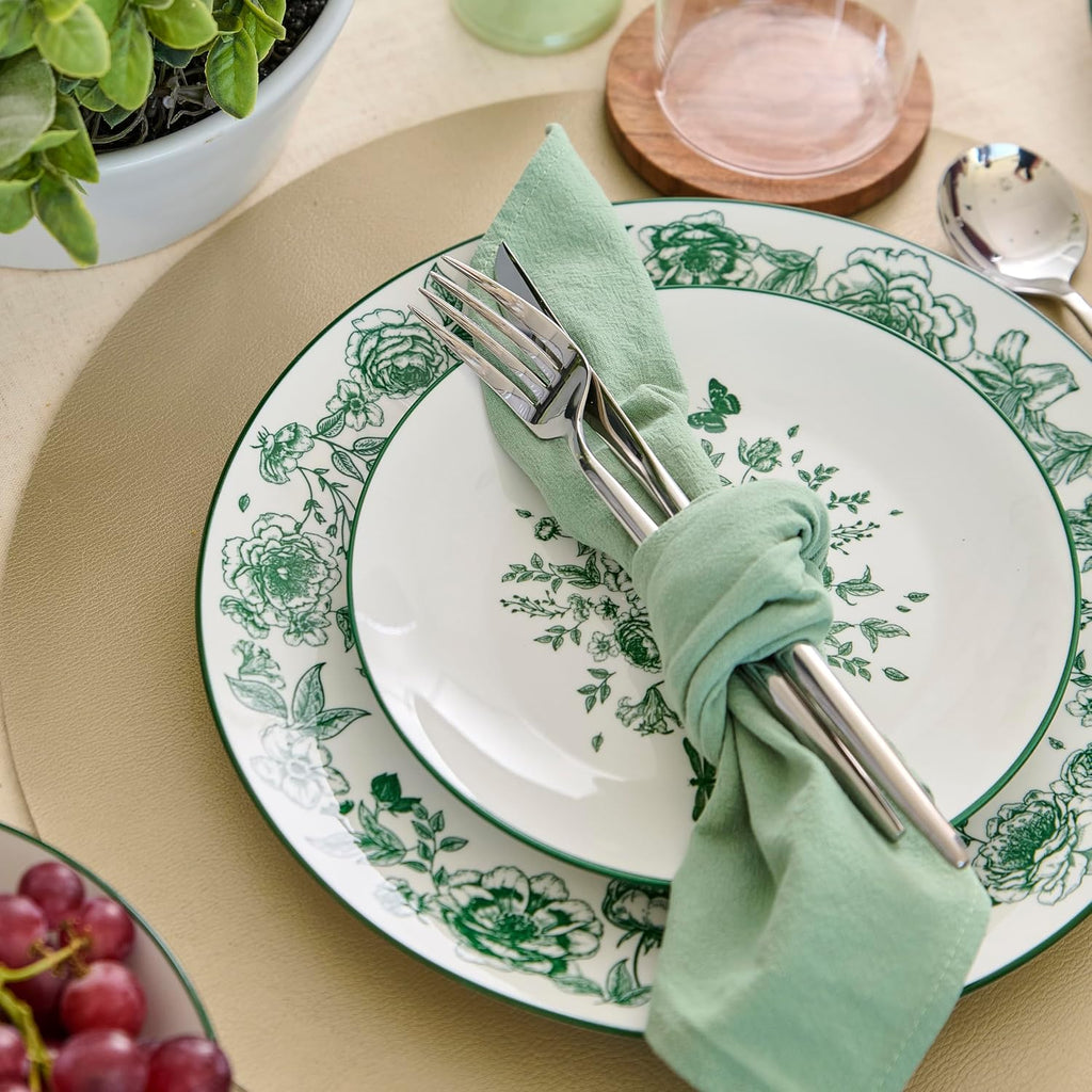 Stone Lain Esme 24-Piece Dinnerware Set Porcelain, Plates and Bowls Set, Dish Set for 8, Microwave and Dishwasher Safe, Green