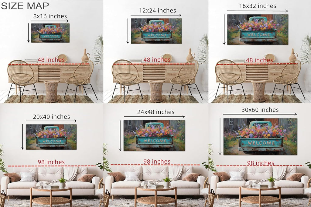 TIMUBA Country Farmhouse Truck Wall Art, Spring Farmhouse Canvas Art Prints, Welcome Sign Blue Retro Truck Pictures Wall Decor, Colorful Rustic Spring Flower Painting Artwork for Bedroom 60x30 Inches