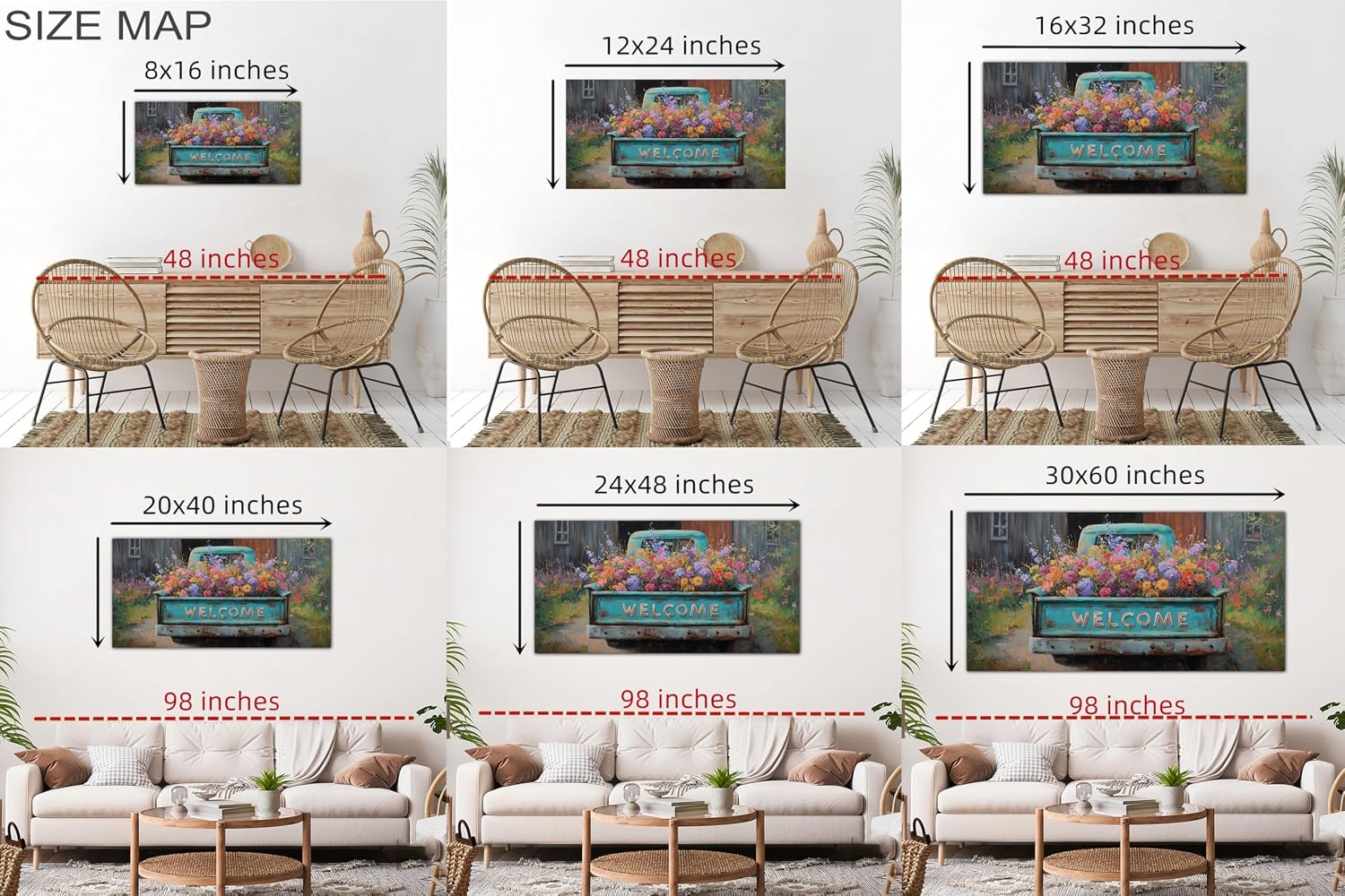 TIMUBA Country Farmhouse Truck Wall Art, Spring Farmhouse Canvas Art Prints, Welcome Sign Blue Retro Truck Pictures Wall Decor, Colorful Rustic Spring Flower Painting Artwork for Bedroom 60x30 Inches