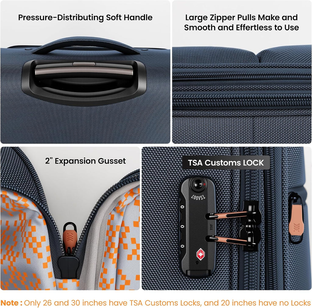 3-Piece Luggage Set (20/26/30 Inch)-Expandable 20% Luggage Set with Front Open Pocket,Lightweight Durable Soft Suitcase Sets w/Double Spinner Wheels &TSA LOCK,Navy