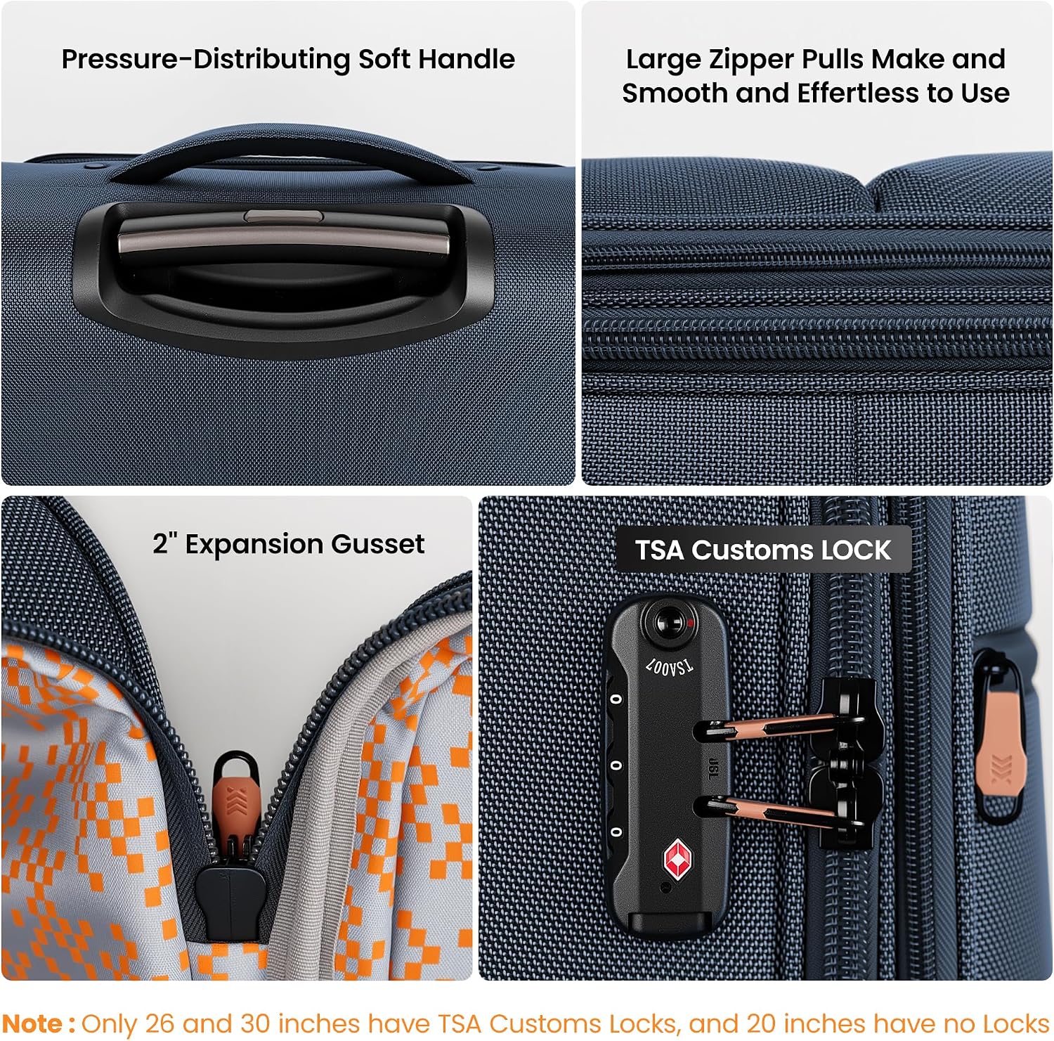 2-Piece Set Soft Shell Luggage w/Front Opening,Softside Luggage Sets w/Double Spinner Wheels &TSA LOCK,Expandable 20%,Lightweight Trolley Case,Luggage Rolling Suitcase for Men/Women（Navy,20in/30in）
