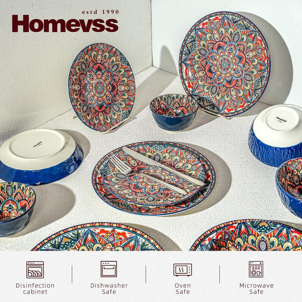 Homevss 20 Pieces Dinnerware Sets, Plates and Bowls Set, Porcelain Dishes Set for 4, Microwave and Dishwasher Safe, Scratch Resistant, Bohemian Style Dining Ware