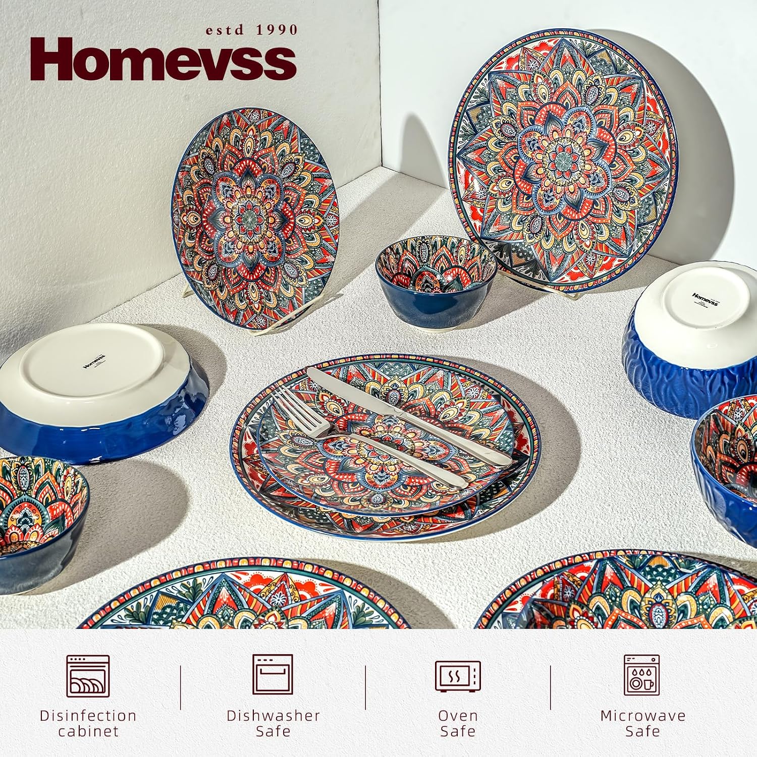 Homevss 20 Pieces Dinnerware Sets, Plates and Bowls Set, Porcelain Dishes Set for 4, Microwave and Dishwasher Safe, Scratch Resistant, Bohemian Style Dining Ware