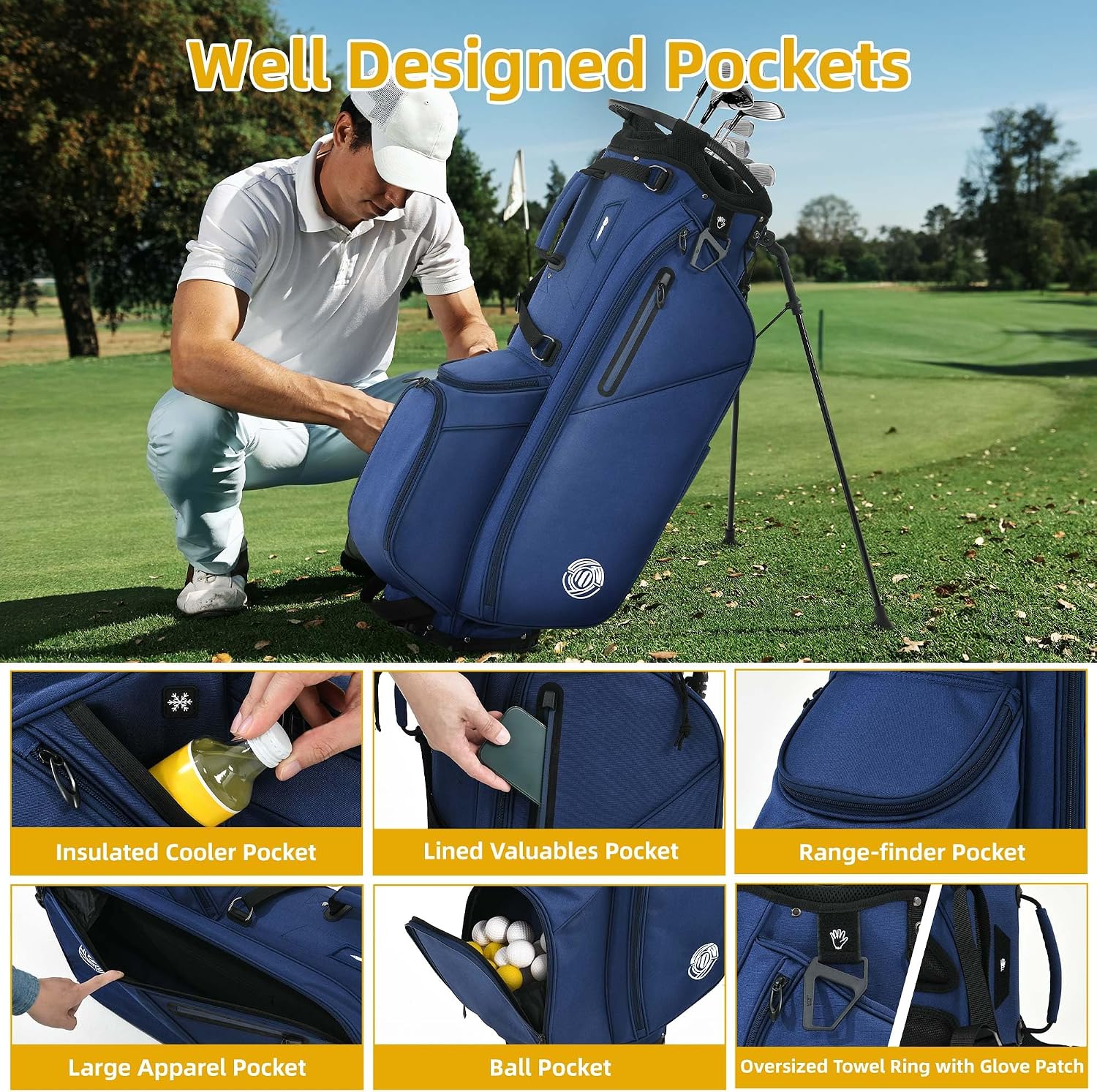 Golf Stand Bag 14 Way, Lightweight Golf Bags for Men Women with Stand, Padded Ergonomic Double Strap, Full Length Dividers, Multiple Pockets, Rain Hood