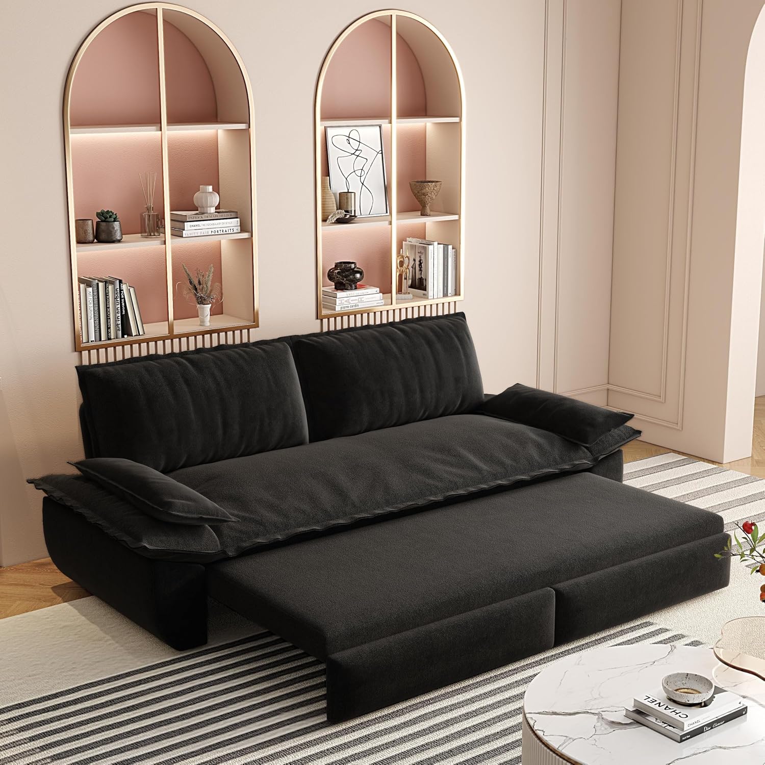 WILLIAMSPACE 73.2' Queen Pull Out Sofa Bed, 3-in-1 Velvet Convertible Sleeper Sofa Couch with 2 Soft Pillows, Multi-Functional Loveseat Bed Pull Out Couch for Living Room, Apartment (Black)