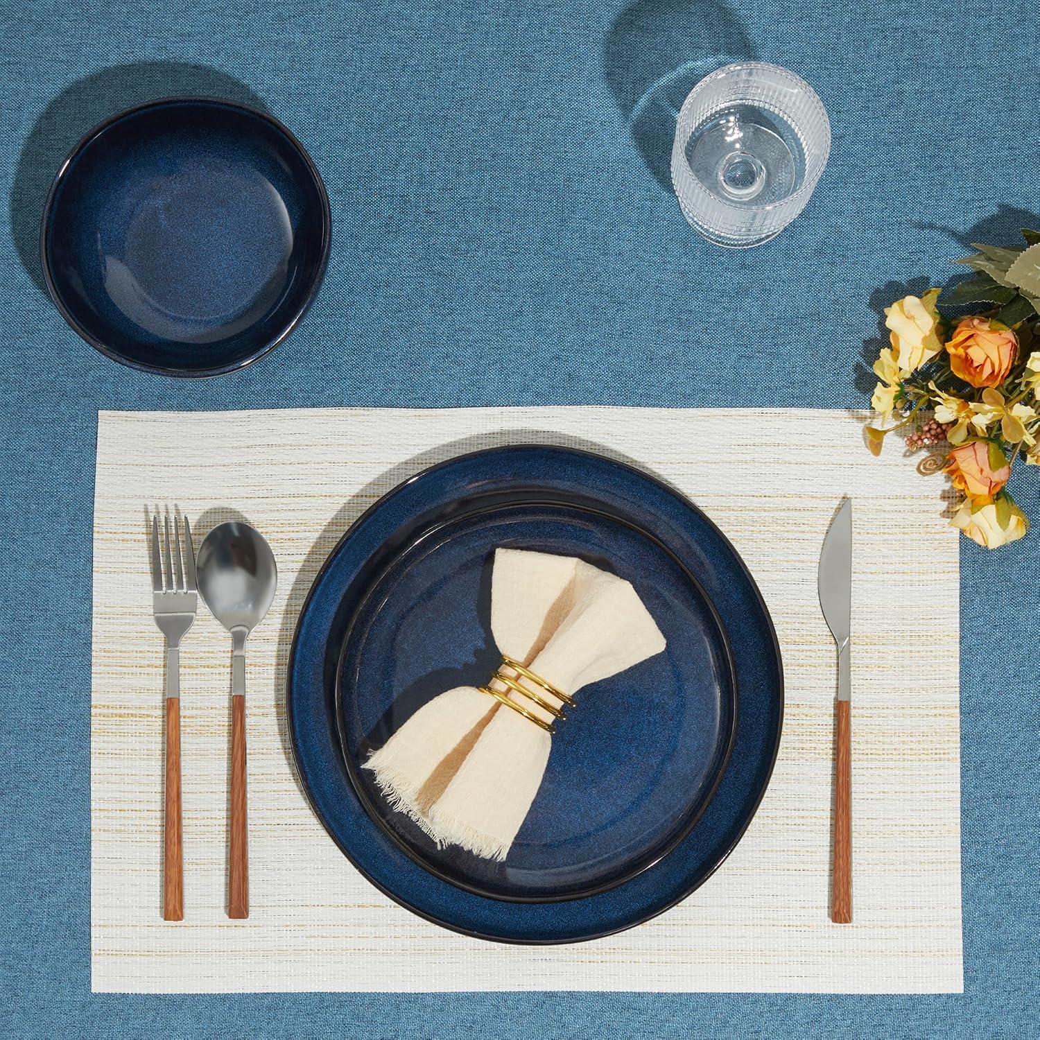 Pokini 24 Piece Ceramic Dinnerware Sets for 8, Starry Blue Reactive Glaze | Unique Coastal Edge for Holiday Gatherings, Thanksgiving, Dinner Parties | Microwave & Dishwasher Safe Stoneware Dish Set