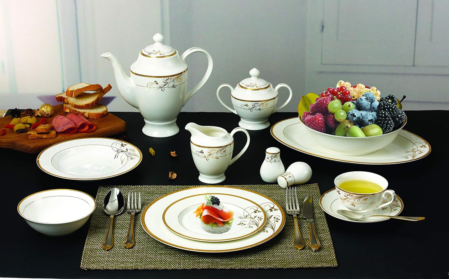 Lorren Home Trends La Luna Bone China 57-Piece 24K Gold Floral Design Dinnerware Set, Service for 8