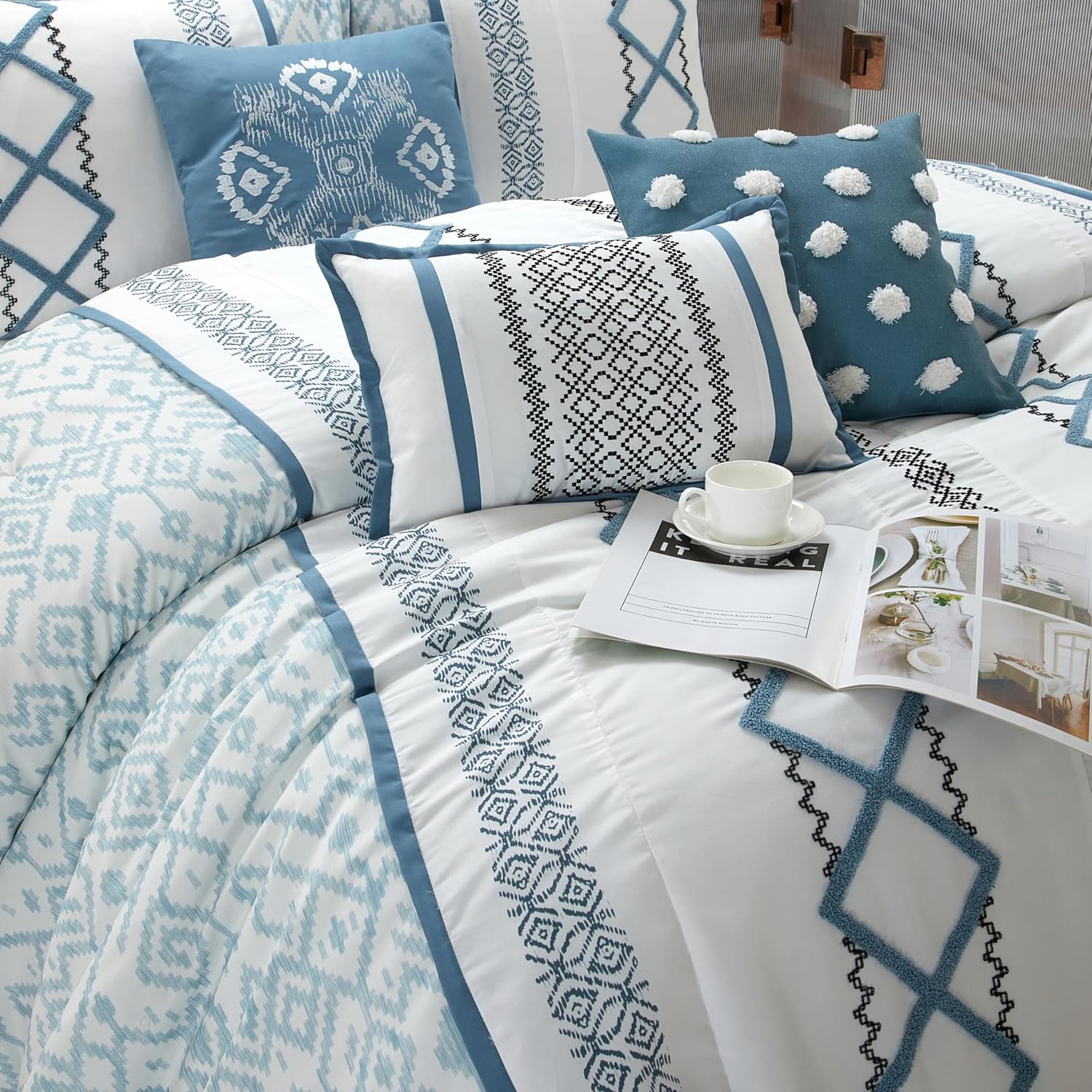Grand Avenue Blue Comforter Set California King Size, 7 Piece Terry Embroidery All Season Bedding Set, Bedskirt, Pillows & Shams