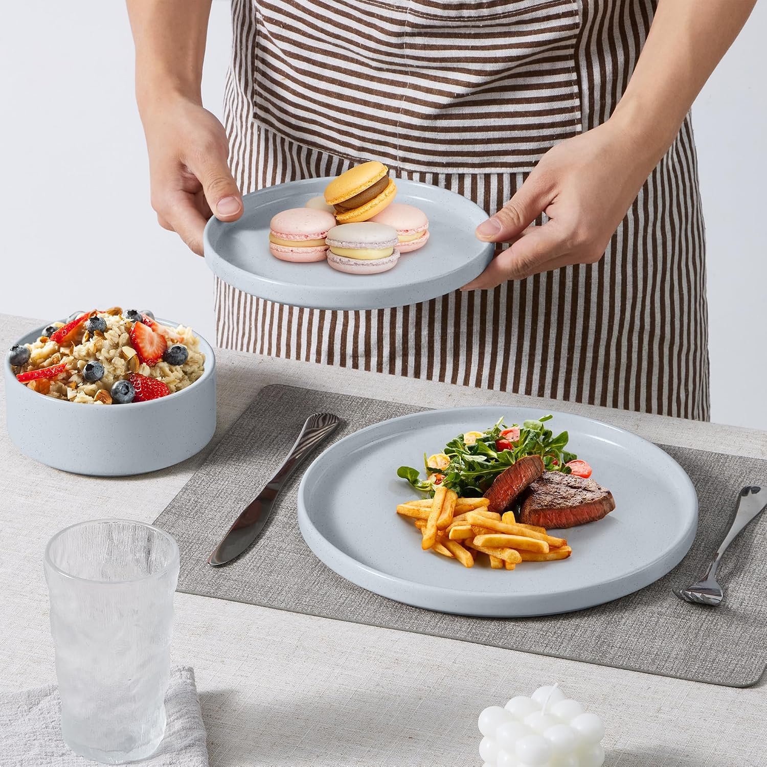 E-far Dinnerware Sets with Pasta Bowls, 24-Piece Stoneware Plates and Bowls Sets for 6 | Microwave & Dishwasher Safe Kitchen Modern Dish Set, Speckled Gray