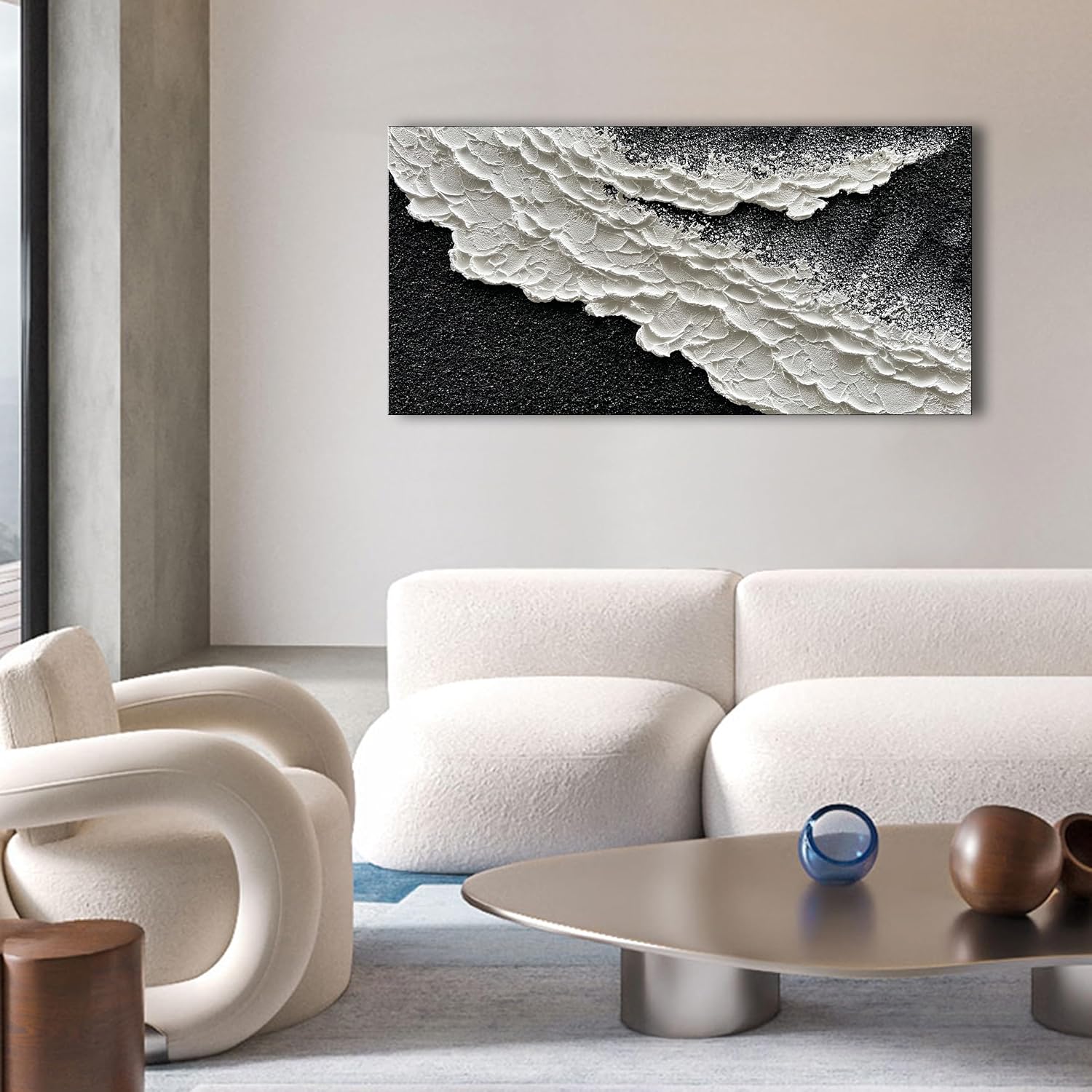 NANKAI 24x48 Inch Hand Painted 3D Ocean Wave Landscape Oil Painting Black and White Abstract Canvas Art Mural Family Wall Decoration Art