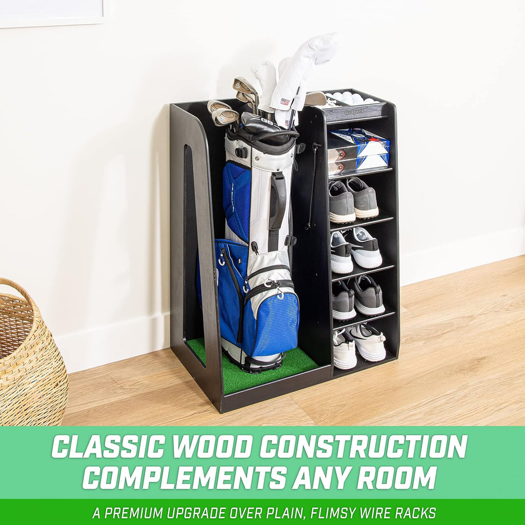 GoSports Premium Wooden Golf Bag Organizer and Storage Rack - Black, White or Brown Finish