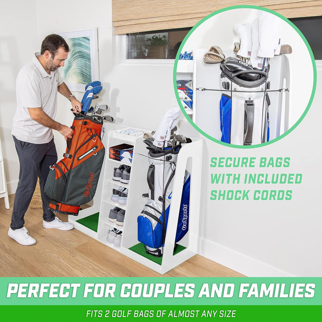 GoSports Premium Wooden Golf Bag Organizer and Storage Rack - Black, White or Brown Finish - Holds 2 Golf Bags