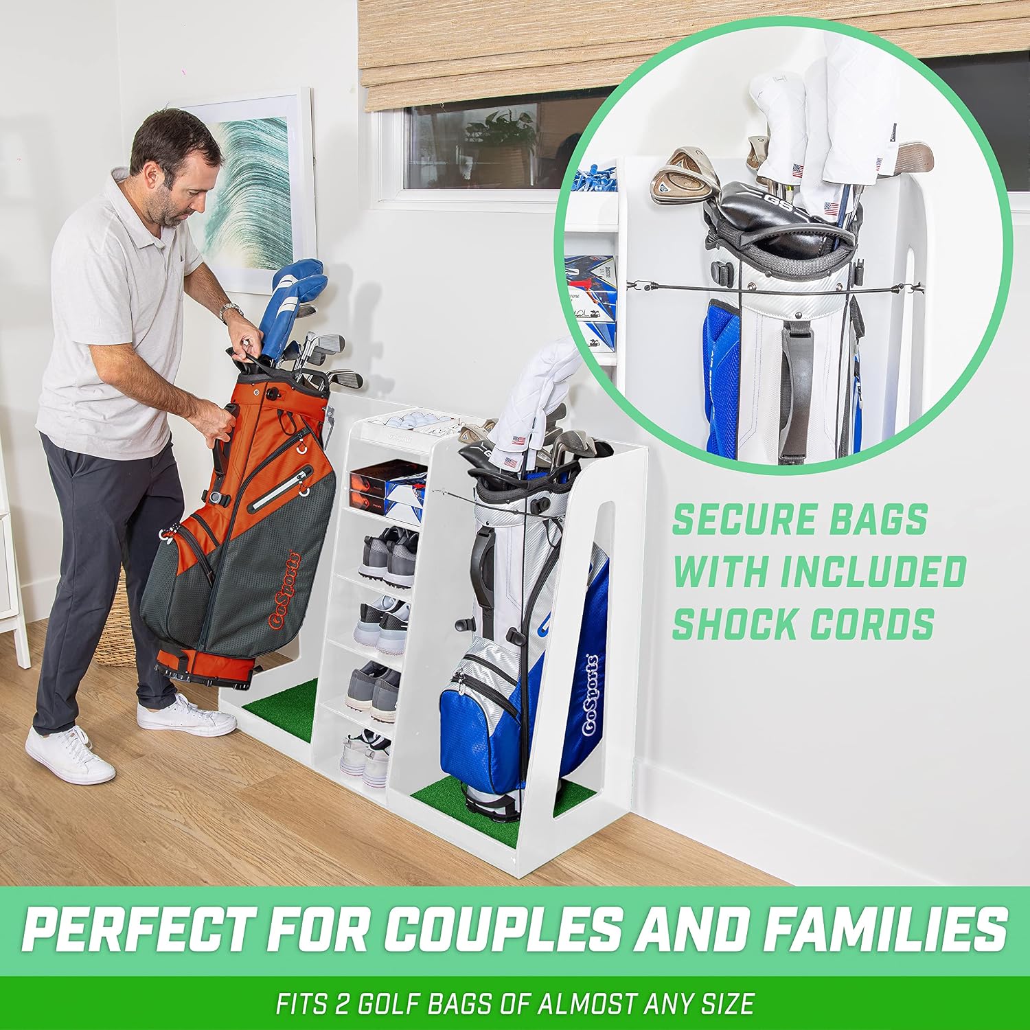GoSports Premium Wooden Golf Bag Organizer and Storage Rack - Black, White or Brown Finish - Holds 2 Golf Bags