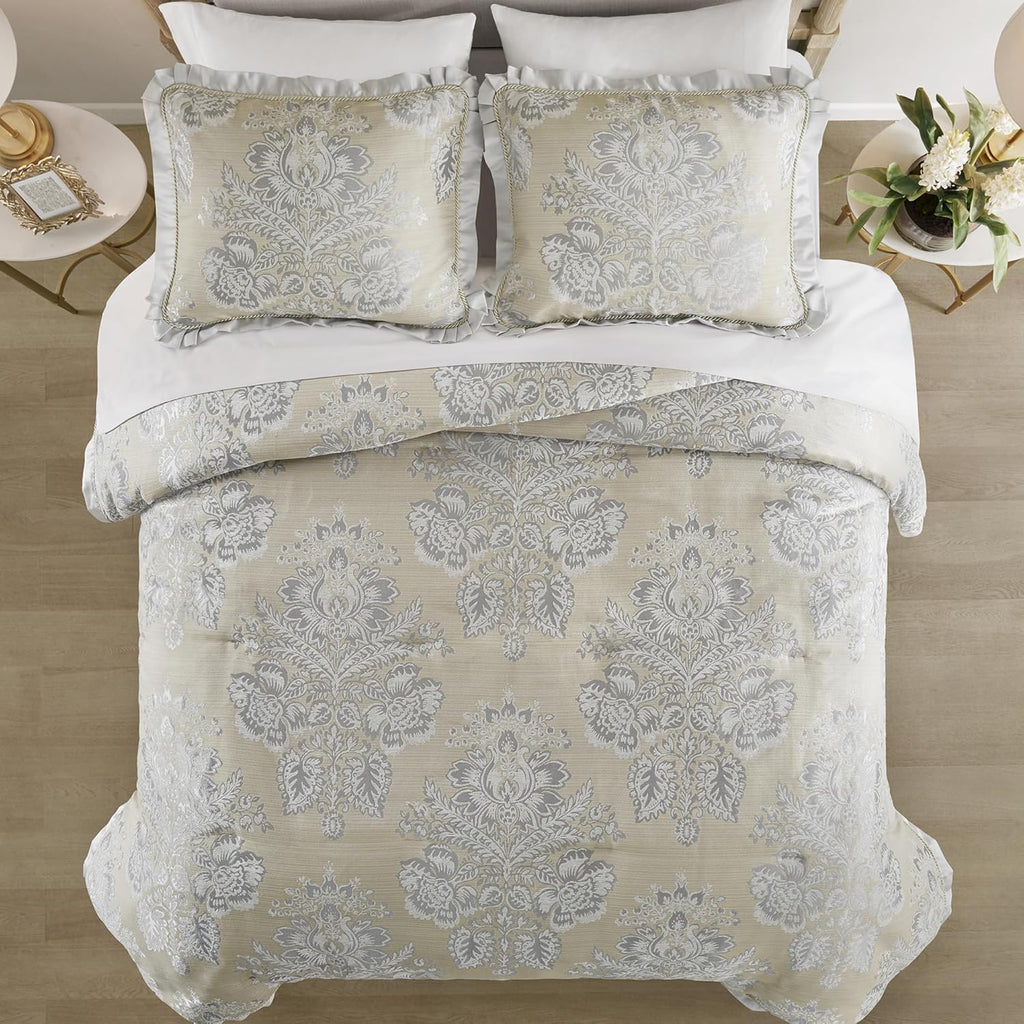 CROSCILL King Comforter Set, Luxe Chenille Jacquard Floral Medallion, Microfiber Twill Comforter for a King-Size Bed, Oversized Comforter King Bedding, 2 Shams & Bedskirt, Loretta, Beige 4 Piece