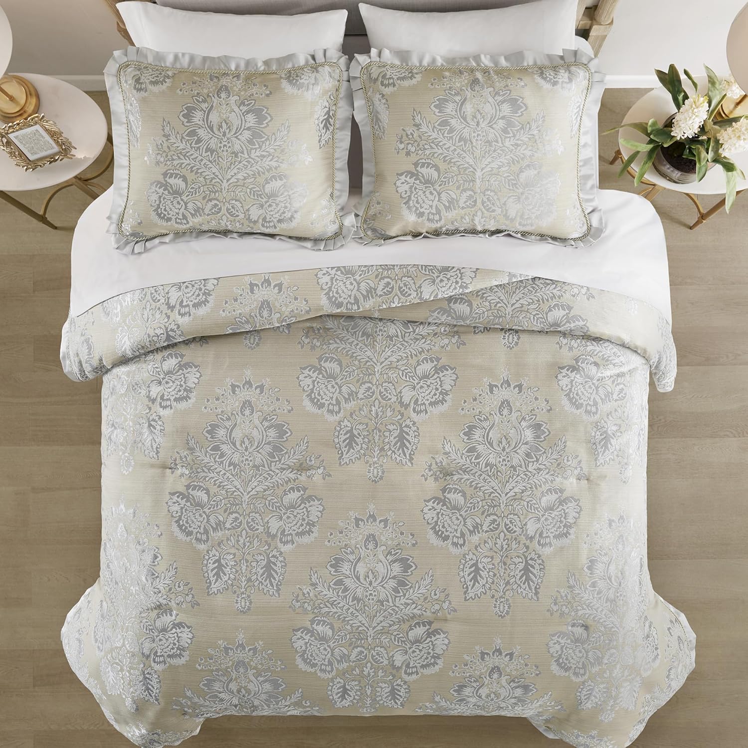 CROSCILL King Comforter Set, Luxe Chenille Jacquard Floral Medallion, Microfiber Twill Comforter for a King-Size Bed, Oversized Comforter King Bedding, 2 Shams & Bedskirt, Loretta, Beige 4 Piece