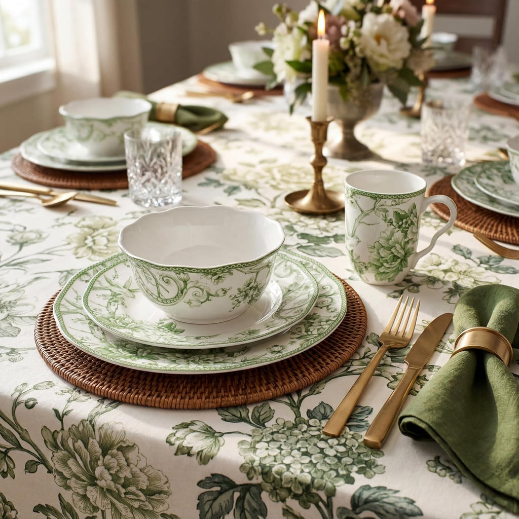 222 Fifth Adelaide Moss 16-Piece Porcelain Dinnerware Set – Service for 4, Big Dinner Plates and Bowls Sets with Mugs, Hand-Applied Decal, Microwave & Dishwasher Safe, for Everyday Entertainment