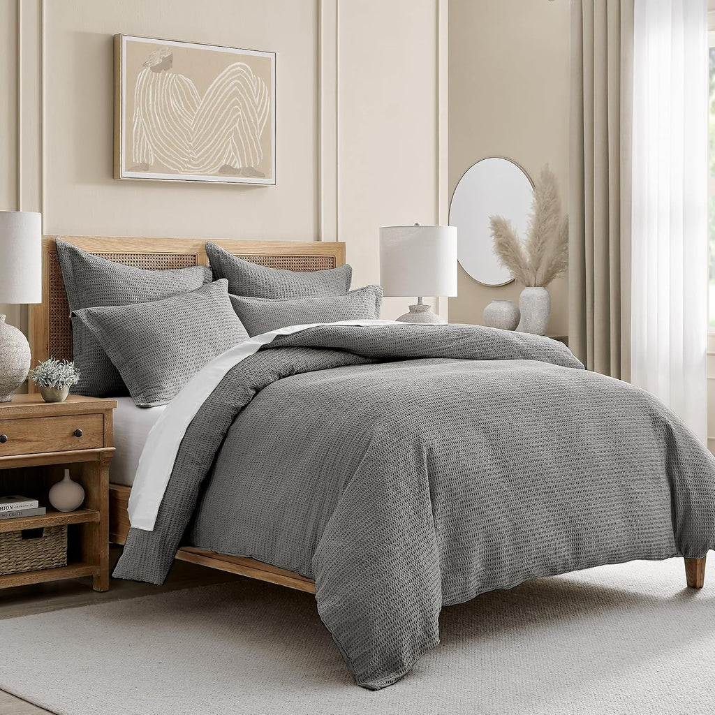Levtex Home Cloud Waffle King Duvet Cover Set (106x94in) with 2 Pillow Shams (36x20in) - Solid Waffle Cotton Texture - Grey - Cotton King Size Duvet Cover Set - Soft, Pre-Washed