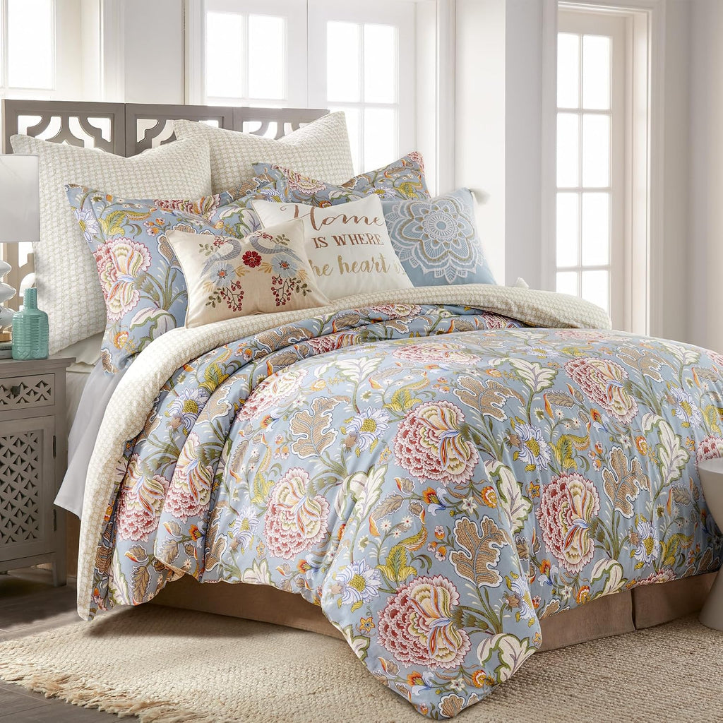 Levtex Home Angelica Reversible Twin/Twin XL Comforter Set (68x88in) with 1 Pillowcase (26x20in) - Floral Bedding - Blue Grey, Coral - 100% Cotton Twin Size Comforter Set - Soft, Pre-Washed