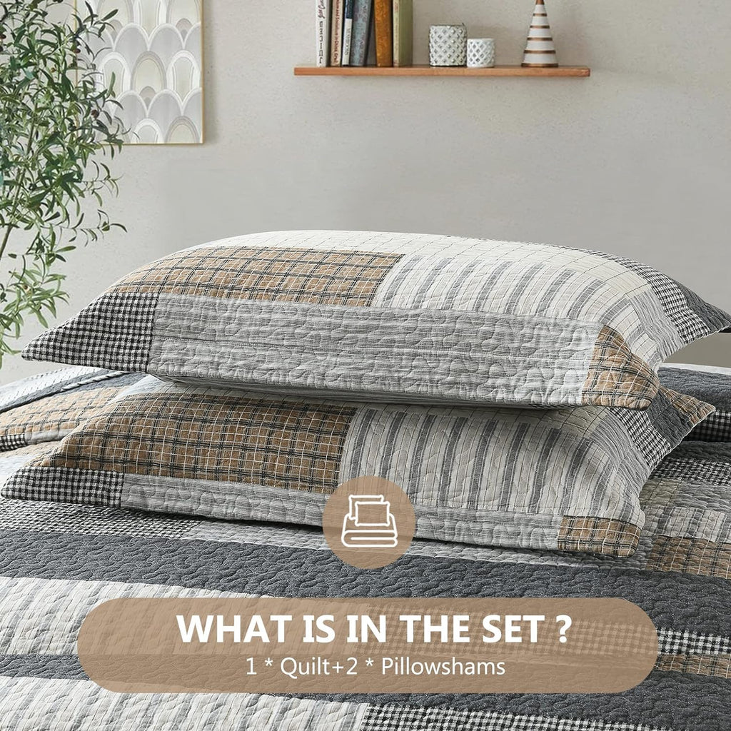 Quilts King Size, King Quilt Bedding Set Bedspread, 100% Cotton Patchwork Quilt for King Bed, 3 Pieces Plaid Farmhouse Reversible Lightweight Comforter Bed Spread, Grey/Tan/Black