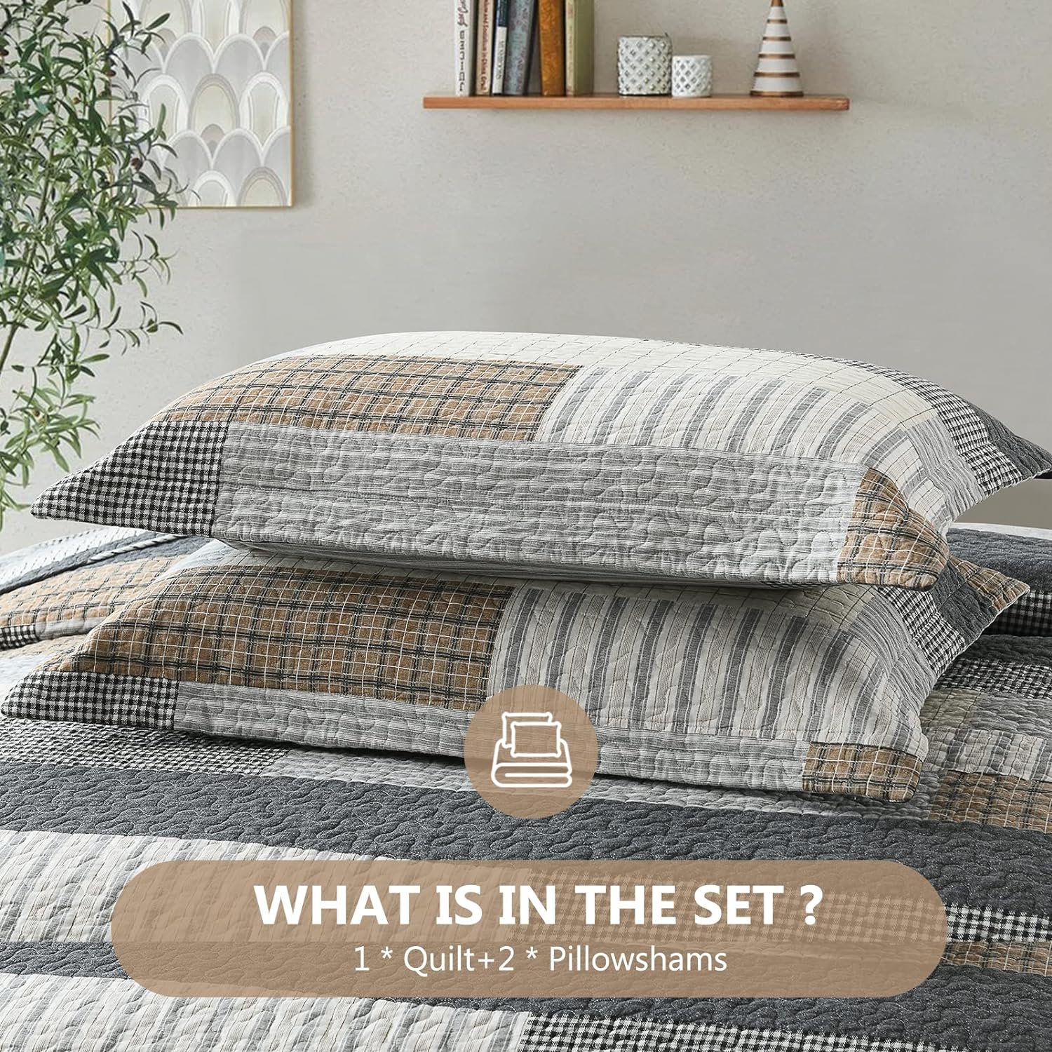 Quilts King Size, King Quilt Bedding Set Bedspread, 100% Cotton Patchwork Quilt for King Bed, 3 Pieces Plaid Farmhouse Reversible Lightweight Comforter Bed Spread, Grey/Tan/Black