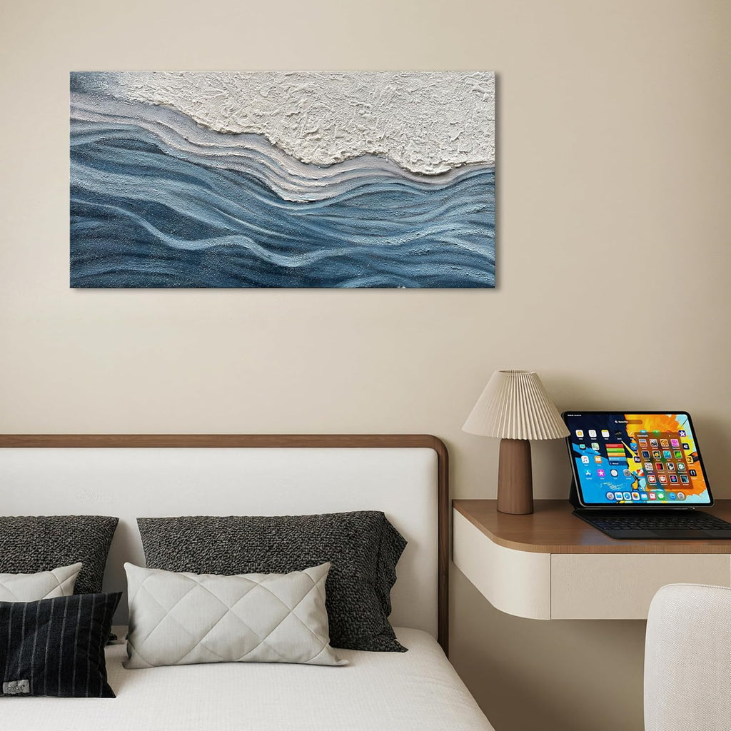 Art 24x48 inches Hand-Painted Blue and White Textured Art Oil Painting - Modern Abstract sea Wave Landscape Art - Suitable for Wall Decoration in Home Office