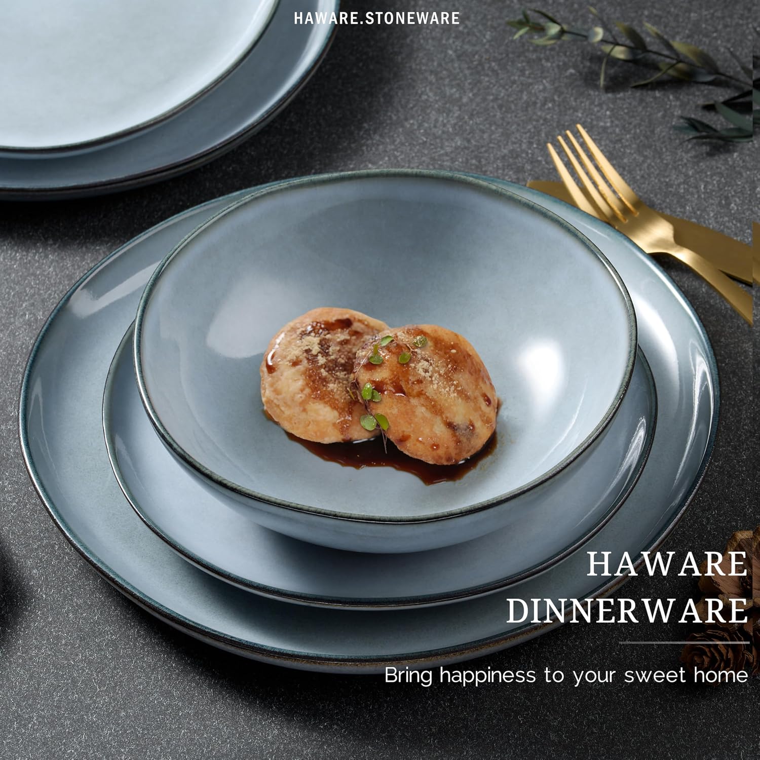 HaWare Dinnerware Sets, 24-Piece Stoneware Plates and Bowls Set, Dish Set for 8, Ceramic Dishware for Home Restaurant, Chip and Scratch Resistant, Microwave and Dishwasher Safe, Reactive Foggy Blue