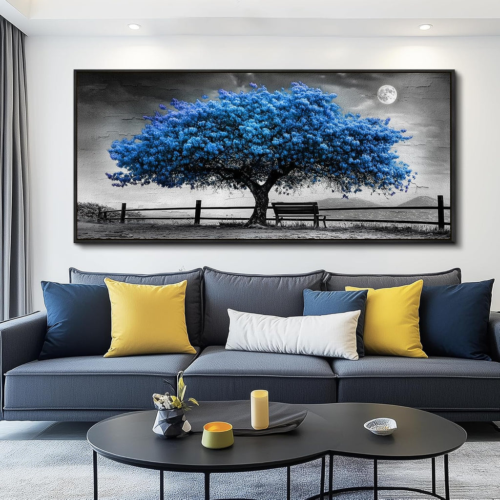 FUHAIHUA Canvas Wall Art For Living Room Large Wall Decor For Office Bedroom Decorations Black And White Landscape Pictures Blue Tree Painting Artwork Room Wall Mural Aesthetic Home Decor 32x72 In