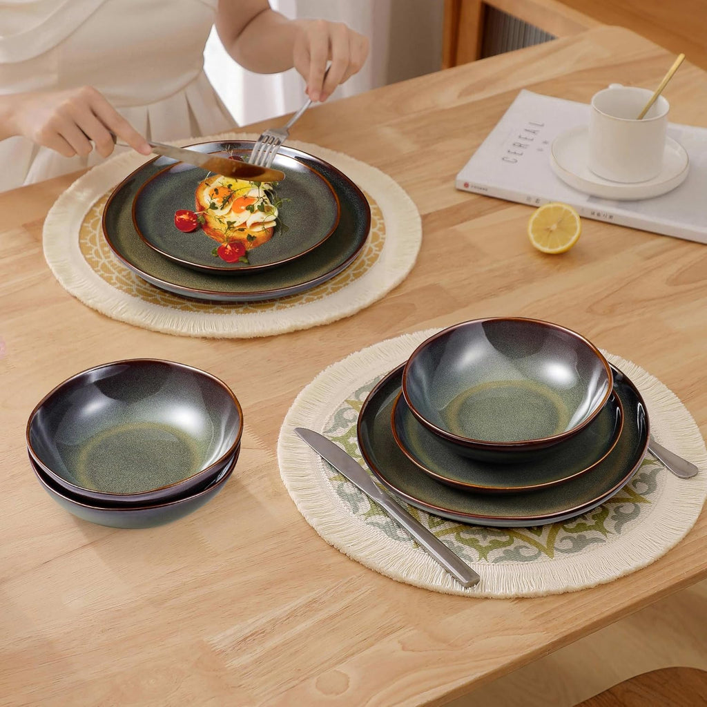 Herogo Stoneware Dinnerware Sets for 6, 24 Piece Ceramic Dinner Dishes Set, Irregular Handmade Plates and Bowls Dishware, Crack and Scratch Resistant, Reactive Glaze, Lichen Green