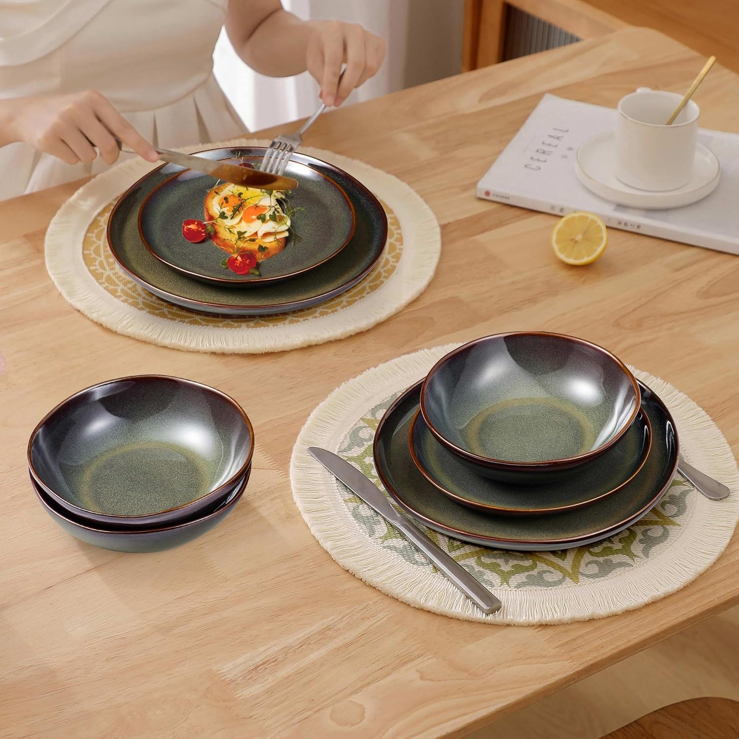 Herogo Stoneware Dinnerware Sets for 6, 24 Piece Ceramic Dinner Dishes Set, Irregular Handmade Plates and Bowls Dishware, Crack and Scratch Resistant, Reactive Glaze, Lichen Green